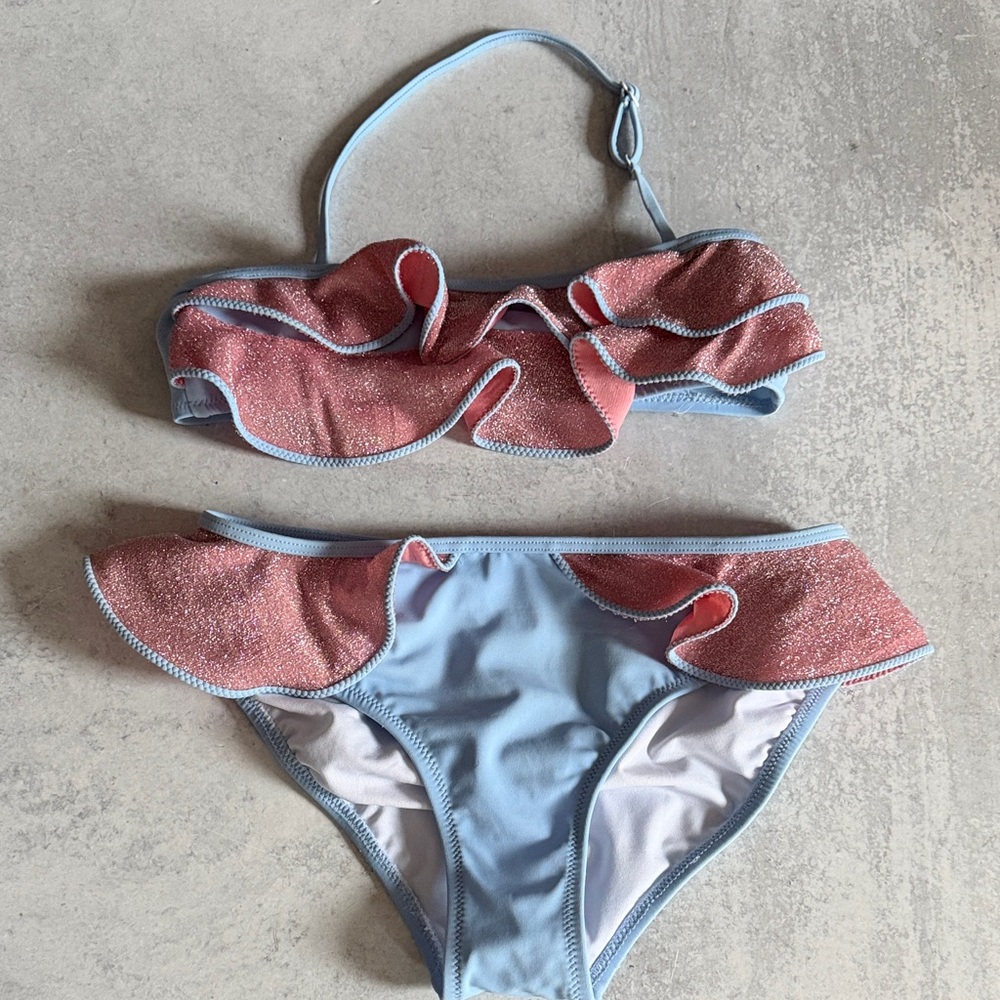 Nessi Byrd girls Swim Ruffle Bikini Pink sparkle and Blue sz 12 runs small